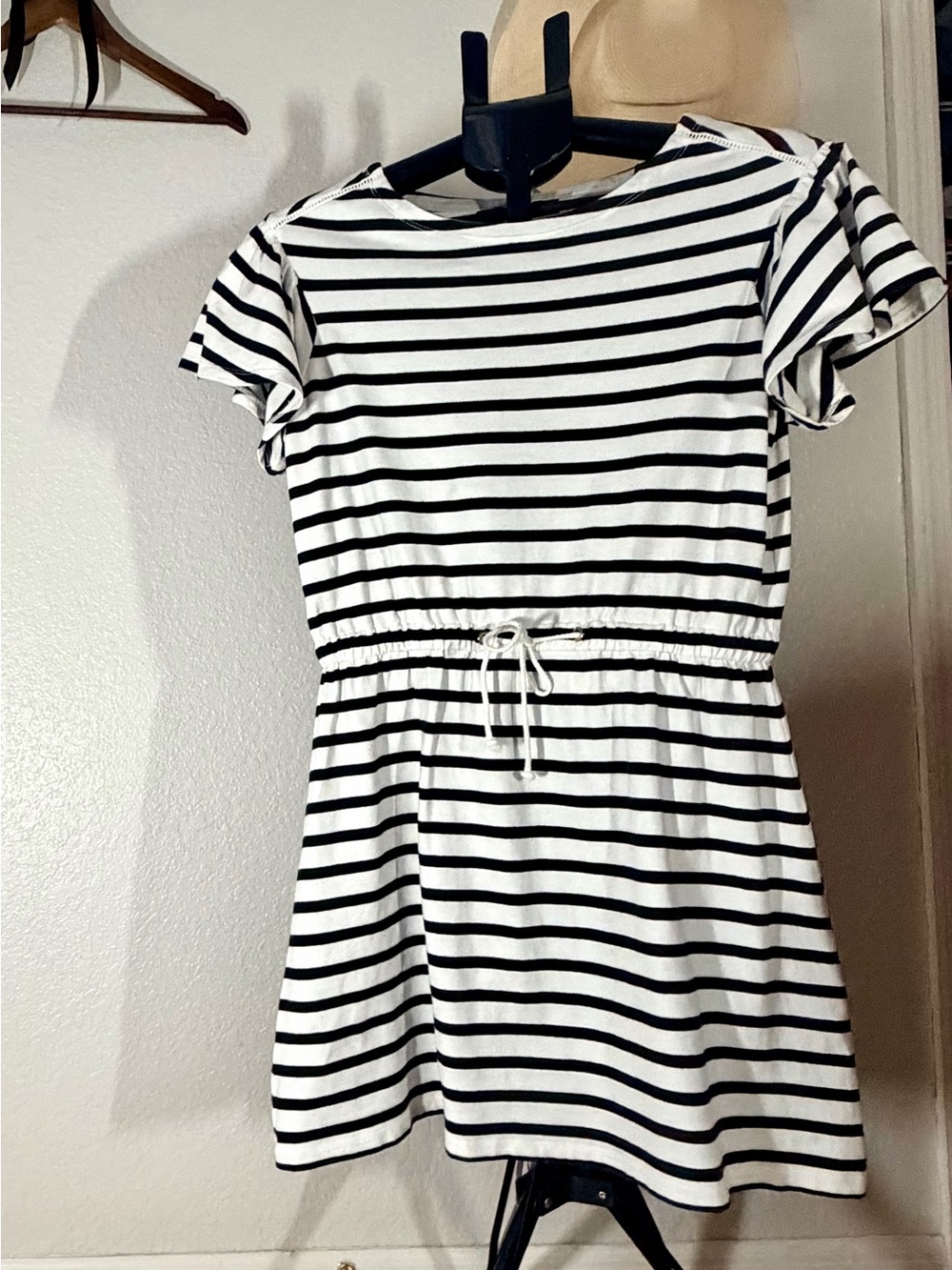 Kate Spade Black White Striped Drawstring Waist Flutter Sleeve Dress M